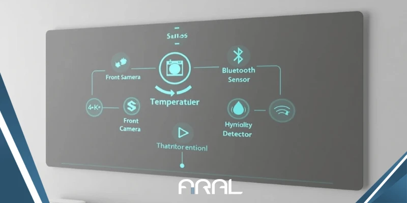 تصویری شماتیک از اجزای داخلی آینه هوشمند شامل پردازنده، برد اصلی و حافظه.